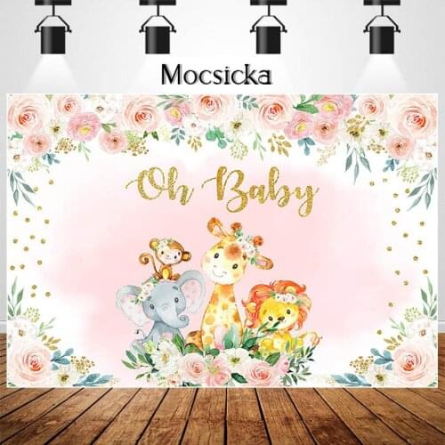 Woodland Animals Baby Shower Backdrop Flowers Woodland Party Background Gold Dots Floral Animals Oh Baby Backdrops for Girls