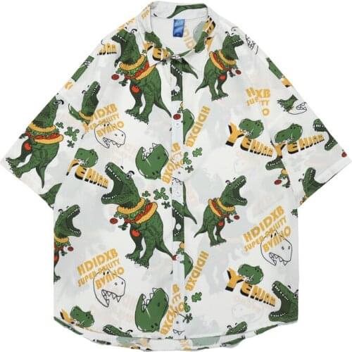 Japan Harajuku Style Funny Dinosaur Print Hawaiian Men Shirt Short Sleeve Holiday Summer Casual Oversize Shirts Camisa Masculina