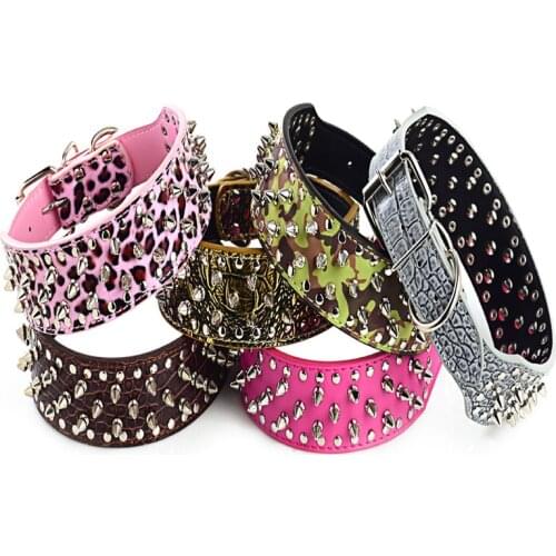 2" Wide Spiked Studded Leather Dog Collar Pitbull Bulldog Dog Collars Adjustable for Big Dogs Pet Supplies Accessories