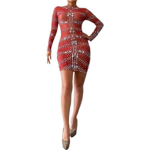 Red Rhinestones Mesh Skirt Outfit Set Nightclub Bar Women Singer Sexy Dance Show Wear Birthday Prom Party Clothes