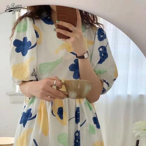 Summer Puff Sleeve V-neck Mid-length Dress Korean Loose Floral Womens Dress 2021 Ladies Short Sleeve Dress 15733