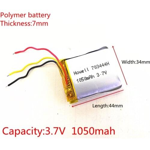 Li-po 3 line 3.7V 1050mAh Rechargeable li Polymer Li-ion Battery For headphones tachograph MODEL SP5 mp3 mp4 GPS 703444 073444