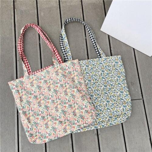 Fashion Women Floral Plaid Print Shopping Handbag Simple Cloth Food Picnic Travel Large Capacity Dual Use Shoulder Tote Bags