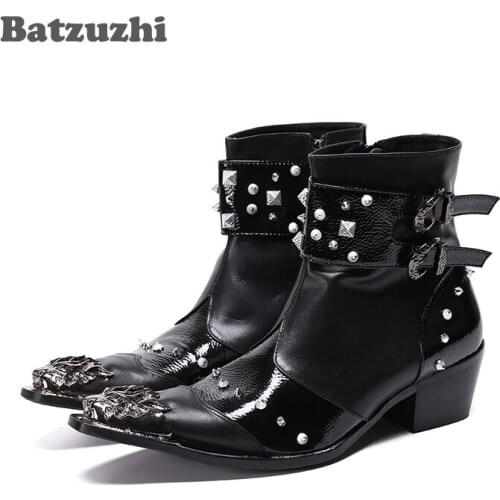 Batzuzhi Western Cowboy Men Boots Pointed Metal Tip Rivets Ankle Leather Boots Men Punk Botas Militares Motorcycle, Big Size 46