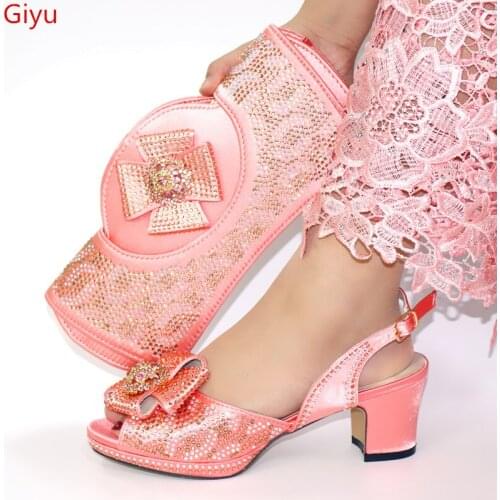 Doershow beautiful PEACHShoes and Bag Set African Sets 2020 Italian Shoe Bag Set Decorated with Rhinestone High Quality! SKU1-3