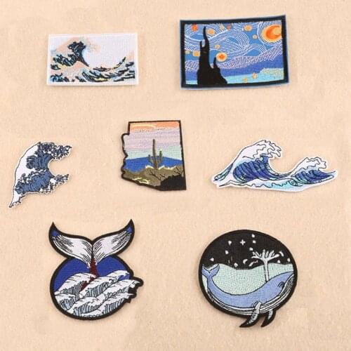 Van Gogh Embroidery Patchs Iron on Patches for Clothing Sewing Stickers DIY Waves Spray Applique Patches Badges