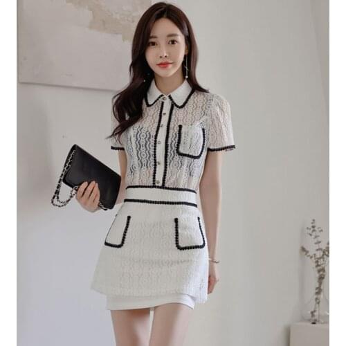 New Fashion Women Summer Elegant Party Set Sexy Lace Perspective Top Short Sleeve Pocket Shirt And Short Skirt Two Piece Set