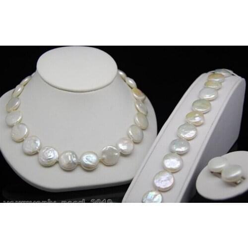 Wholesale 100% Natural jewelry Natural 13-15MM white coin pearl jewelry (Necklace&bracelet&earring) (A0423)