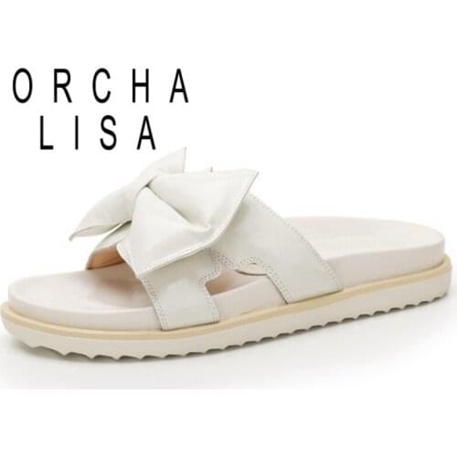 ORCHA LISA 2021 Comfort Plus Cute Ladies Slippers Bowtie Genuine Leather Open Toe Slingbacks 2.5cm Size 34-40 White Yellow A4218