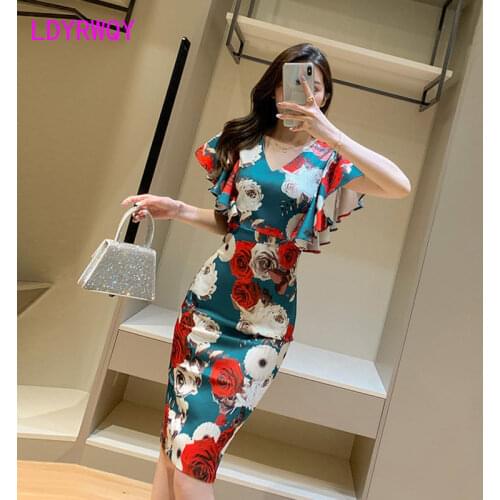 LDYRWQY Printed bag hip dress 2021 summer new lotus leaf sleeve V-neck temperament waist Office Lady Knee-Length
