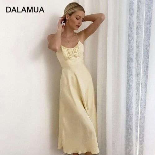 Satin Sleeveless Dress Women 2021 Summer New Lace High Waist Solid Spaghetti Strap Lady Cross Back Soft Female Slip Midi Dresses