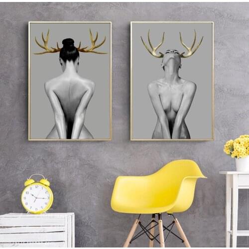 Posters and Prints Feather Woman Pictures Antlers Girl and Indians Oil Painting Canvas Wall Art Pictures for Living Room