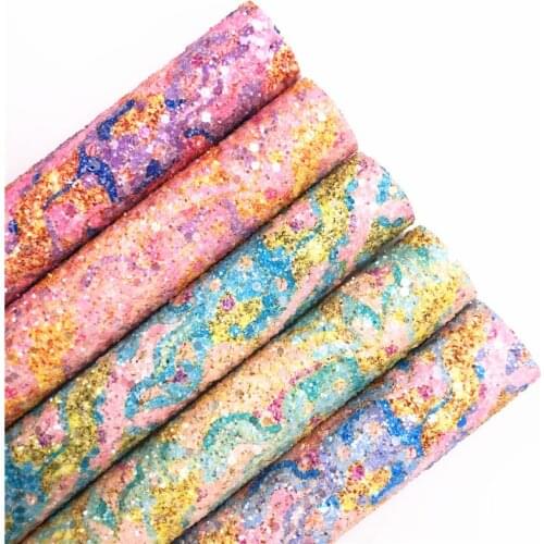 Rainbow Marble Pattern Chunky Glitter Vinyl Fabric Sheet Felt Backing Synthetic Leather Faux Vinil For Bows DIY A4 SIZE R314A