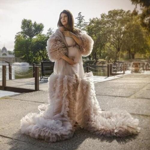 Floral Ruffled Maternity Dresses For Photo Shoot Slit Puffy Sleeve 3/4 Long Sleeves Women Dresses Plus Size Tulle Robes