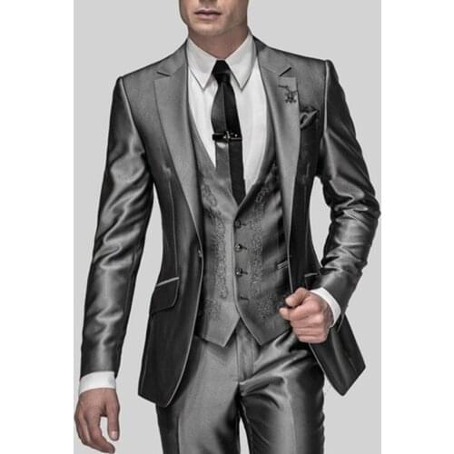 Hot Sale Slim Fit Groom Tuxedos Shiny Grey Best man Suit Notch Lapel Groomsman Men Wedding Suits Bridegroom(Jacket+Pants+vest)