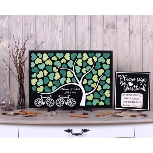 Wedding Guest Book,Alternative Two Bicycles With Green Hearts 3D Bike Guestbook Wedding Idea,Wood Custom Sign Bridal Shower Gift