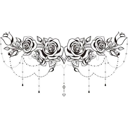 Rose Flower Temporary Tattoo Stickers Diamond Love Heart Necklace Chest Back Fake Tatoo Makeup Breast Art for Woman Girl