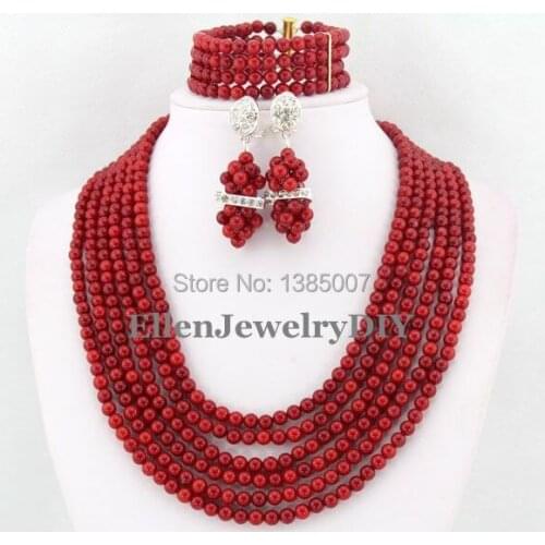 Silver Tone African Nigerian Wedding Coral Beads Jewelry Sets,Coral Necklace Bracelet Earrings Set,Bridal Party Necklace TL1302