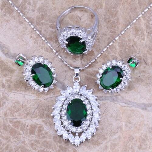 Green Cubic Zirconia White CZ Silver Plated Jewelry Sets Earrings Pendant Ring Size 6 / 7 / 8 / 9 / 10 S0066