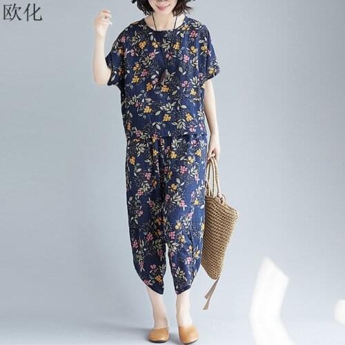 2020 New Summer 2 Piece Set Women Plus Size Art Print Vintage Cotton Linen T Shirt And High Waisted Wide Leg Trousers Women Suit