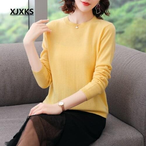 XJXKS 2020 autumn winter new 100% pure wool knitted sweater women pullover pure color all-match women sweater