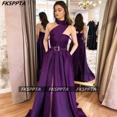 Backless Sexy Purple Formal Prom Gowns 2021 One Shoulder High Slit Satin Occasion Women Dresses With Pockets Plus Size