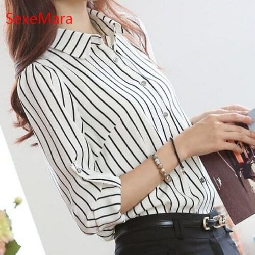 2017 Spring women black white stripes shirt OL fashion long sleeve slim chiffon shirt office ladies plus size work wear tops