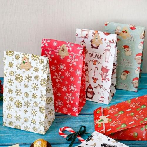 6pcs 23cm Paper Package Bag Christmas Gift Wrapping Bags New Year Party Candy Cake Cookies Bag Pouch Snowflake Santa Pattern
