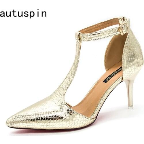 Autuspin Point Toe Women Thin Heels Pumps Summer Spring Hollow Ankle Strap Stilettos Office Lady Party Wedding Prom Shoes Gold