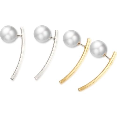 White Simulated Pearl Bending Stick Simple Style Golden Silver Plated Stud Earrings for Women