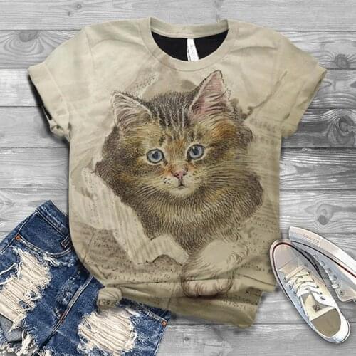 40# Kawaii Blouses Women Oversized 3d Cat Digital Print Casual Top O-neck Short Sleeve Streetwear Tee Shirts Блузка Женская