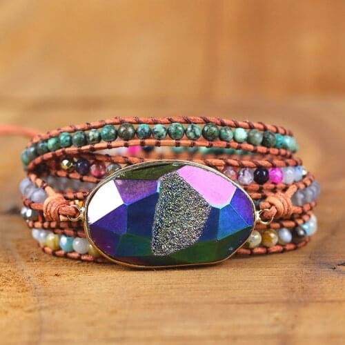 2021Best Selling Natural Stone Bracelet Natural Crystal Cluster Hand Woven Bohemian Leather Bracelet Multi Layer Lovers Bracelet
