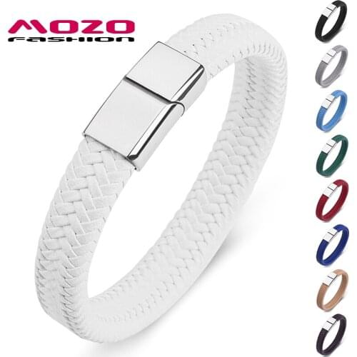 Fashion Punk Men Jewelry White Braided Leather Bracelet Stainless Steel Magnetic Clasp Fashion Women Bangles