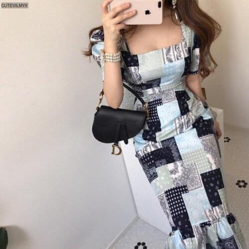 One-Piece Korean Fashion WomenS Dress 2021 Sundress Vintage Printed Contrast Square Neck Puff Sleeve Fishtail Long Dress