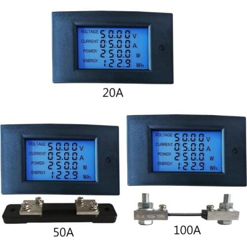 50A DC 7.5-100V Digital LCD Voltmeter Ammeter Wattmeter Power Energy Meter Volt kwh Watt Amp