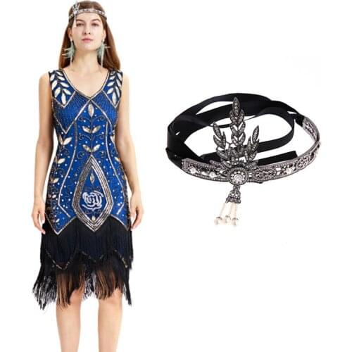 1920s Great Gatsby Sequin Long Fringe Paisley Art Deco Flapper Party Beaded Dress Gown with 20s Accessories Set