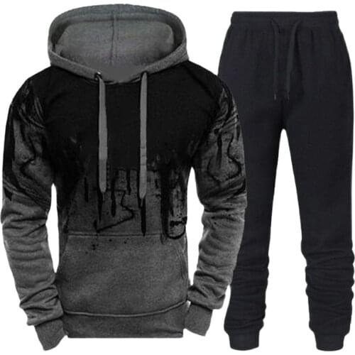 Autumn Winter Mens 2 Piece Set Warm Splash-Ink Print Casual Long Sleeve Oversize Hoodie Sweater Top+Sweatpant Tracksuit Outfit