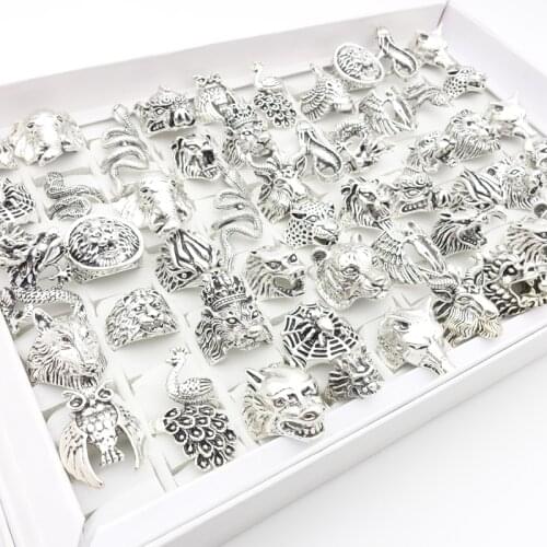 MixMax 30PCs/Lot Mens Womens Fashion Rings Exaggerated Animals Shape Metal Punk Style Party Jewelry Wholesale Silver Plated