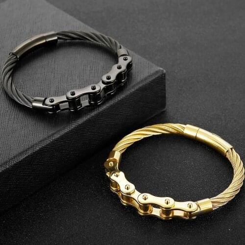 Titanium Steel Mens Bracelet Handmade Gold Black Braided S.Steel Bicycle Motorcycle Chain Bracelets Male Hand Armband For Men