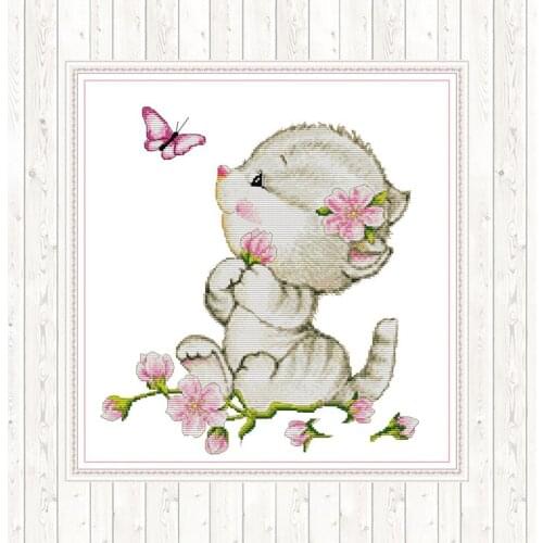 Cat and Butterfly Painting Counted Cross-stitch Embroidery Kit Printed on Canvas 14CT 11CT DMC DIY Handmade for Needlework Sets
