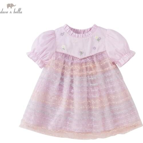 DBZ18145 dave bella summer baby girls cute floral embroidery dress children fashion party dress kids infant lolita clothes