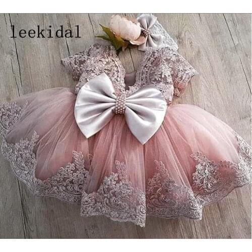 Pink Tulle Short Slevee Ball Gown Flower Girl Dresses Beaded baby christening gown teenage girls clothing girls pageant dresses