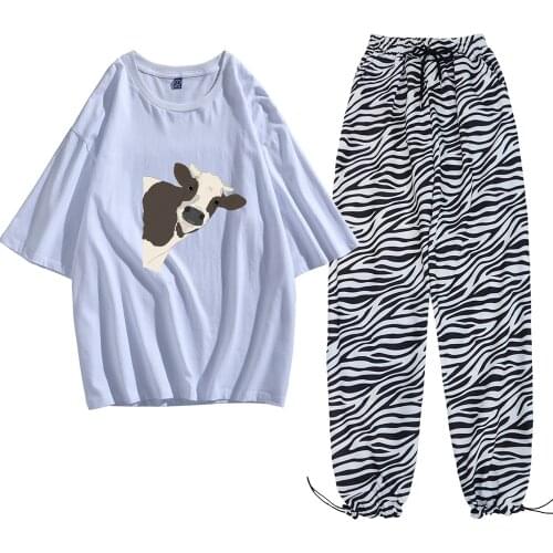 Milk Cow Print Shirt Cotton Harajuku Vintage Retro T Shirt All-match Clothes Aesthetic Cool Joggers Casual Loose Two-piece Suit