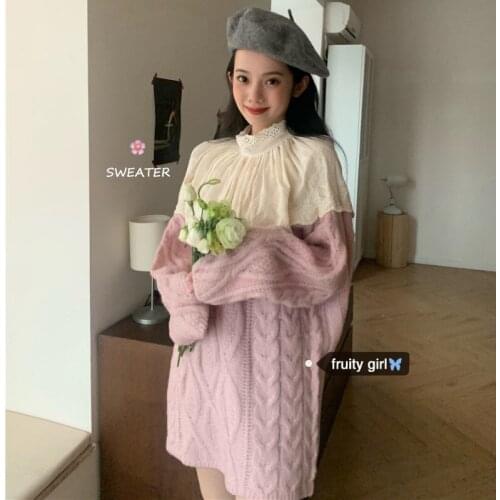 Lace Splice Fake Two-piece Pink Sweater Dress Sweet Lovely Thick Twist Knitted Dresses for Women Vestido Feminino