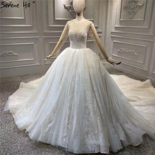 Serene Hill Luxury Vintage O-Neck Ivory Wedding Dress 2020 Long Sleeves Beading Sequins Flowers Bridal Gown Custom Made CHA2319