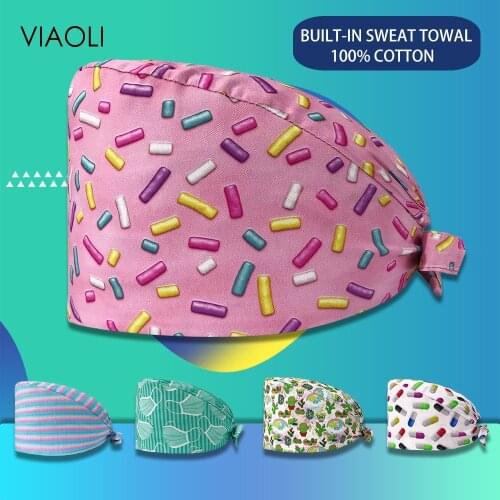 Beauty salon nursing cap flower printing medical surgical cap nurse hair care Baotou High quality fashion pure cotton scrub caps