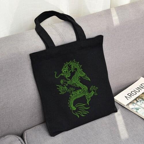 Harajuku Punk Ladies Shopping Bag Canvas Tote Bags Women Eco Reusable Shoulder Shopper Bags Hip Hop Dragon Graphic Casual Bags