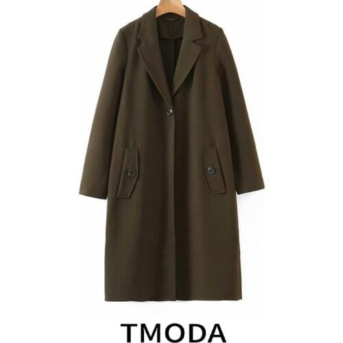 TMODA318 2021 New Women Winter Mustard Green Thick Warm Woolen Coat Button Pockets Office Lady Outerwear Overcoat Chic Tops