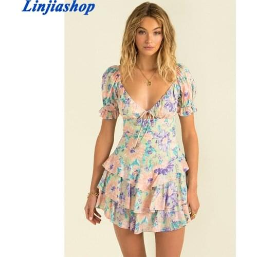 Vintage Short Puff Sleeve V Neck Summer Dress Drawstring Hollow Out High Waist Green Print Ruffles Short Mini Pleated Dress