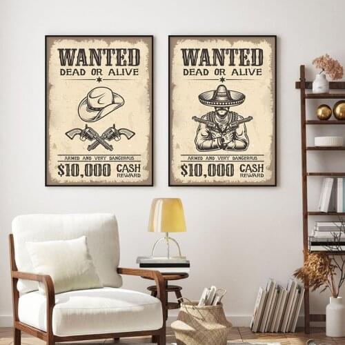 Vintage Wild West Wanted Old Poster Hat Crossed Guns Canvas Paintings Wall Art Print Picture for Living Room Interior Home Decor